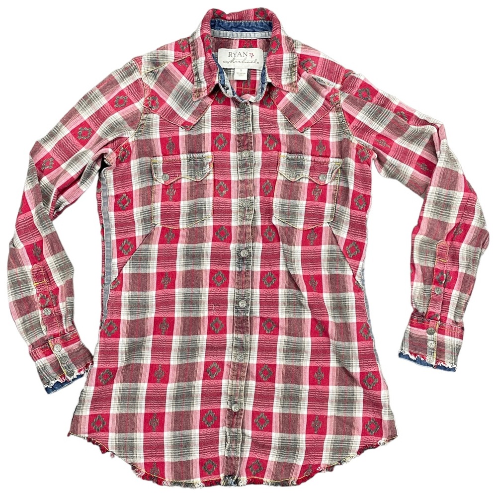 RYAN MICHAELS Snap Button Up Womens S Plaid Western Raw Hem L/S Country